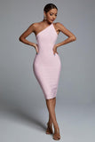 Janan One Shoulder Midi Bandage Dress - Pink