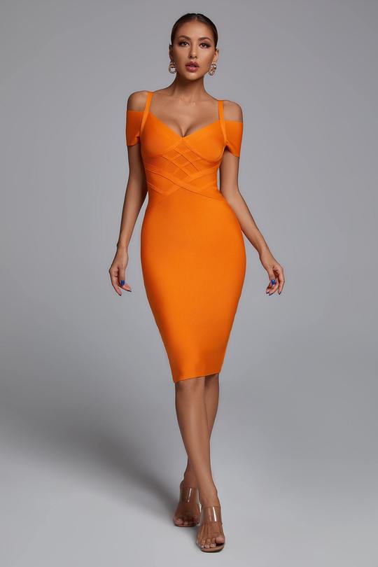 Roanna Orange Bandage Midi Dress