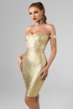 Sakari Off Shoulder Black Metallic Bandage Dress