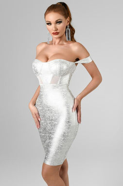 Sakari Off Shoulder Black Metallic Bandage Dress