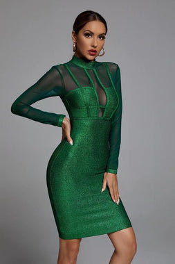Shimmer Long Sleeve Bandage Dress In Green