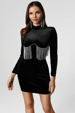 Diamante Fringe Velvet Black Bodycon Dress