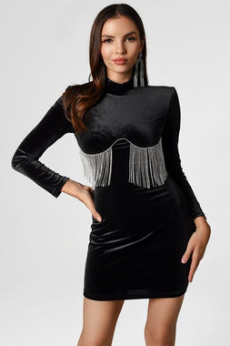 Diamante Fringe Velvet Black Bodycon Dress