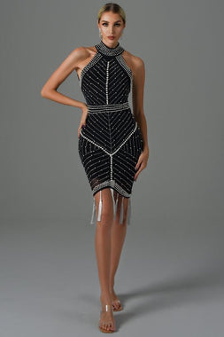 Thaliy Pearl Fringed Midi Dress - Black