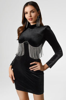 Diamante Fringe Velvet Black Bodycon Dress