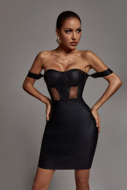Sakari Off Shoulder Black Metallic Bandage Dress