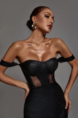 Sakari Off Shoulder Black Metallic Bandage Dress